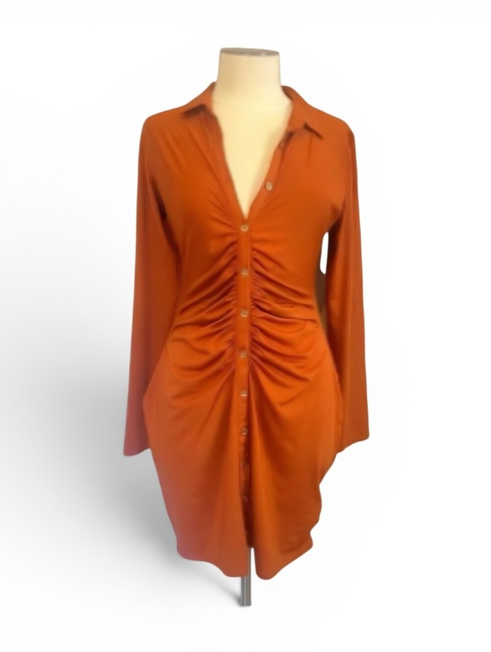 Guess Rust Orange Ruched Button-Front Mini Dress Size Medium - Picture 2 of 8